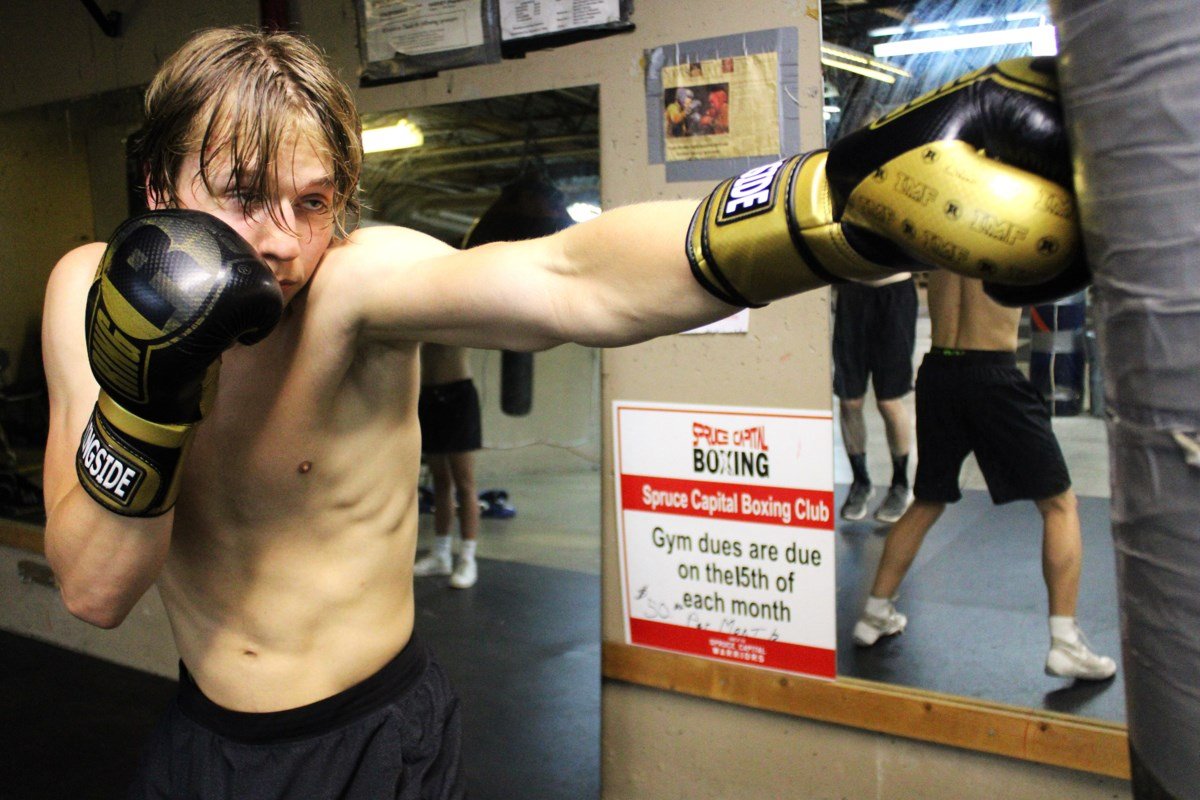 Liam Harvey of Prince George fights in the first boxing match