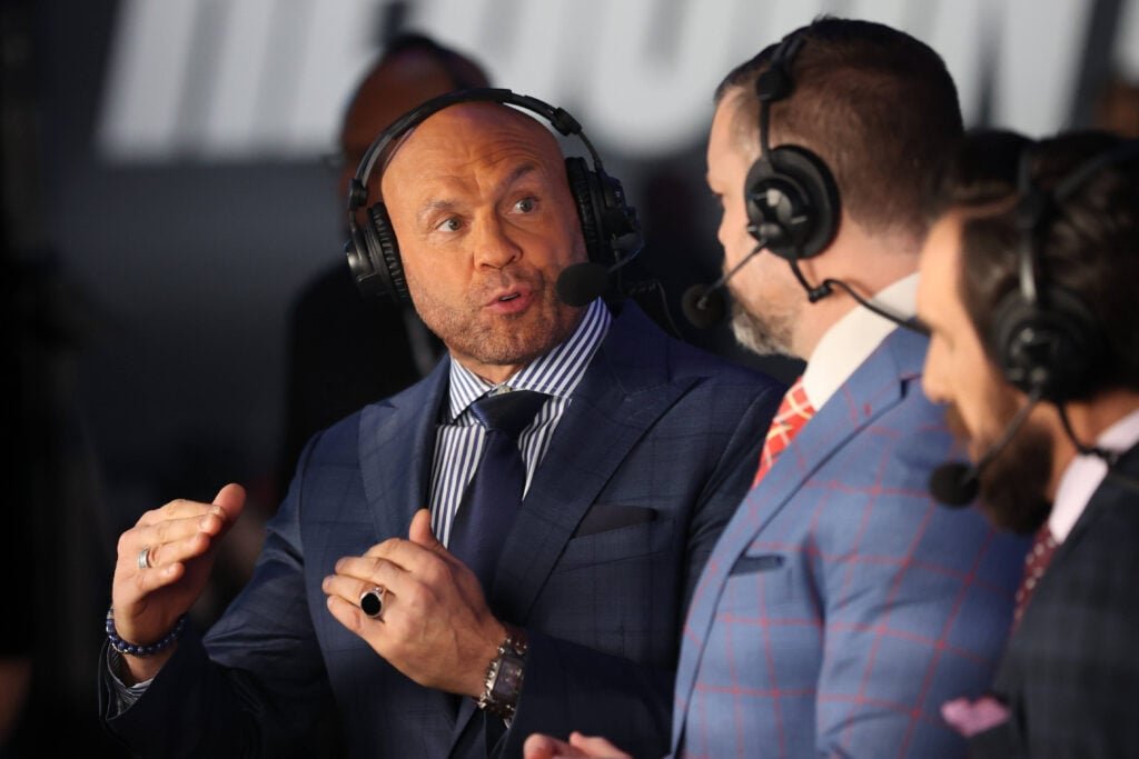 April 1, 2023: PFL analyst and UFC veteran Randy Couture on camera before the start of the PFL Regular Season mixed martial arts event 1 at The Theater inside the Virgin Hotel on April 1, 2023 in Las Vegas, NV.